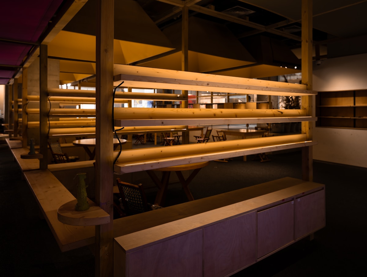 Coffee shop with espresso bar and warm interior lighting