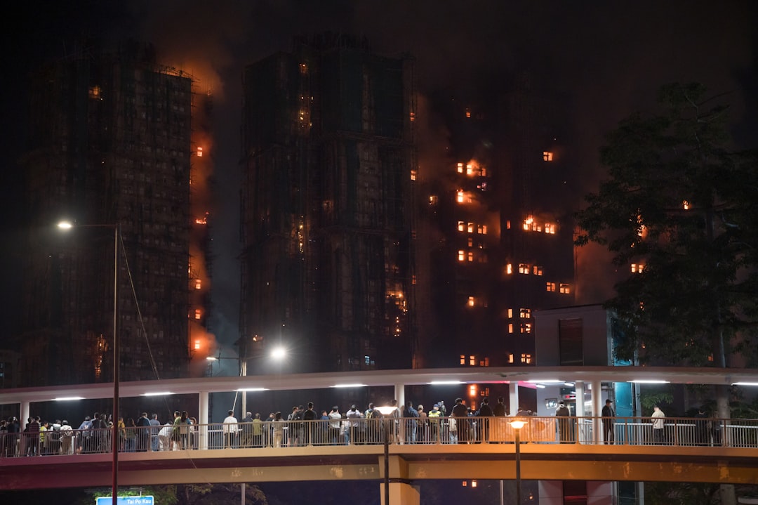 Hotel building exterior fire smoke emergency night